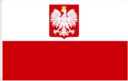 BANDIERA POLONIA CON SCUDO. Qualità RASO PREMIUM. Dimensioni grandi 150 x 90 cm.