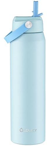 OLDLEY 1L Insulated Water Bottle with Straw, 1000ml Stainless Steel Water Bottles with Handle, Leakproof BPA Free Large Vacuum Metal Flask Keep Hot and Cold for Sports, Travel, Cycling (Light Blue)