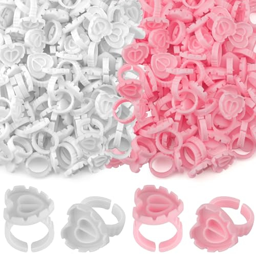 Lunhoo 200 Pcs Glue Rings for Eyelash Extension, Disposable Heart- Shaped Lash Glue Ring, Blossom Cup for Lash Techs, Brow Tattoo Artists, Beauty Salons, White and Pink