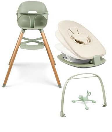 Ziza Baby Hochstuhl Set Olive - Kippsicherer & ergonomischer Kinderstuhl mit aufsetzbarer Babywippe, Hochwertiges Babyset mit Spielbogen & Spielzeug
