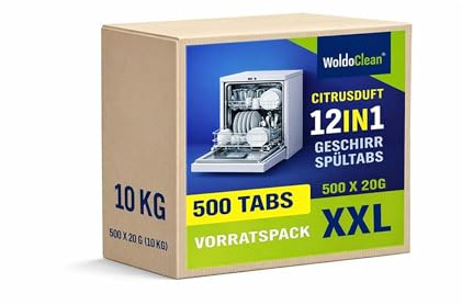 WoldoClean 12in1 Spülmaschinentabs 500 Stück Großpackung Geschirrspültabs | All in One, Spülmaschinenreiniger, Klarspüler, Multitabs für Geschirrspüler