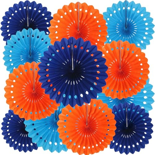 We Moment Zone 12 Pcs Blue Orange Paper Fans Party Decorations,Blue Orange Honeycomb Round Fans,Hanging Ceiling Paper Flowers for Birthday Graduations Bachelorette Party Backdrop Decorations