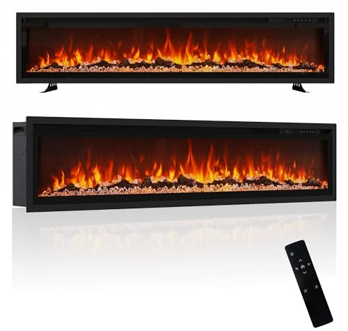 LUXOAK 152cm/60 Inch Electric Fireplace with Heater, Wall Mounted, Recessed or Freestanding Electric Fire, 12 Flame Colours, Log & Crystal Fuel Bed, Remote & Touch Control, Black