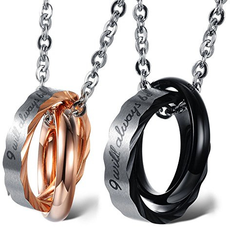 Cupimatch 2 pcs Collier Couple Personnalisé Pendentif Anneau Bague Entrelacé en Acier Inoxydable + Zircon pour Homme et Femme ou Couples - Le Symbole de l'amitié,Cadeau Saint Valentin