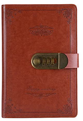 NectaRoy Retro Vintage PU Leather Password Notebook Writing Planner Organizer with Combination Lock, Password Lined Wire Binding Diary Personal Sketchbook with Pen Holder, A5 Size 215x150mm