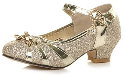 AJVANI Low Heel Diamante Bow Mary Jane Glitter Court Shoes Size 1 Gold