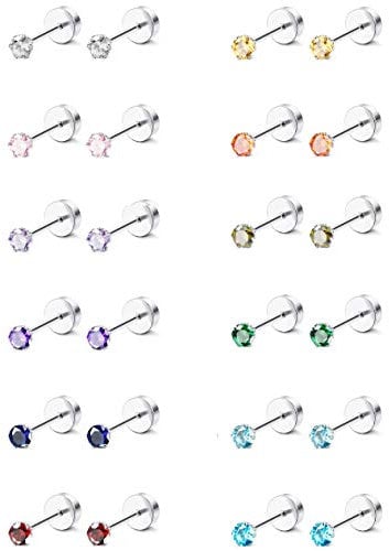 Adramata 12 Pairs CZ Stud Earrings for Girls Women Stainless Steel Cubic Zirconia Screw Flat Back Earrings Set