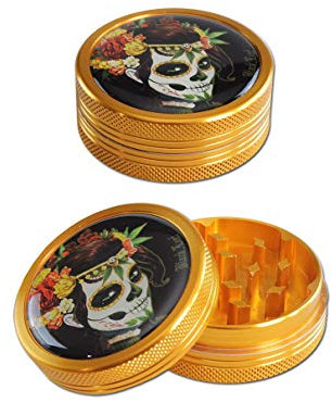 Black Leaf Aluminium Grinder 2-teilig Ø 50mm | hochwertiger Aluminium Crusher | Premium Grinder mit Motiv | Mexican Skull Bronze