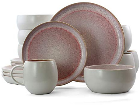 Elama Round Stoneware Mocha Collection Contemporary Dinnerware Dish Set, Purple and White