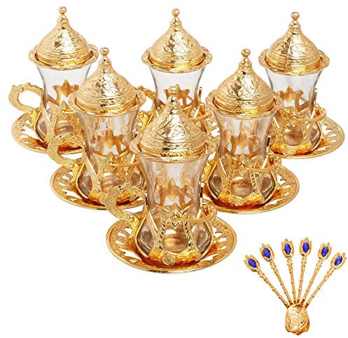 Alisveristime (Set of 6 Handmade Turkish Tea Water Zamzam Serving Set Glasses Saucer and Spoon (Gold)