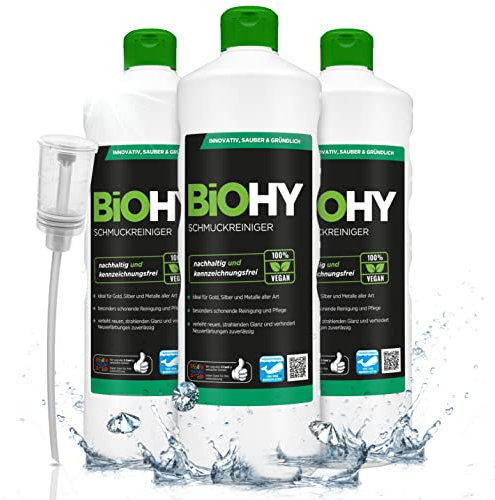 BiOHY Schmuckreiniger (3 x 1 Liter) + Dosierer | Aktive Glanzformel | flüssiges Konzentrat für jedes Ultraschallgerät | für Uhren, Schmuck und Edelmetalle | effektive Ultraschall Reinigung