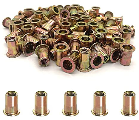 Nietmutter-Sortiment, 100 Stück, 6,35 mm (1/4 Zoll), 20 Karbonstahl, UNC-Nietmuttern-Sortiment, Flachkopf-Gewinde-Einsätze, Muttern (1/4 Zoll-20)