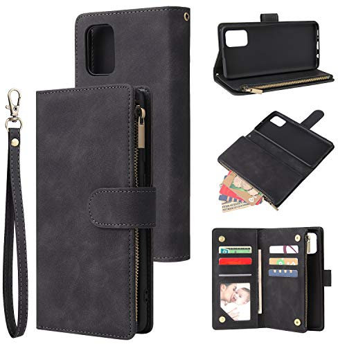 QLTYPRI Hülle für Samsung Galaxy A71, Premium Leder Handyhülle mit Große Kapazität 6 Kartenfach & 1 Reißverschluss Tasche Ständer Schutzhülle für Samsung Galaxy A71 - Schwarz