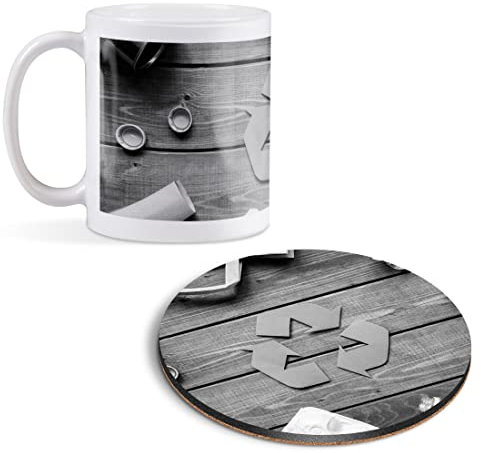 1 x 11oz (284ml) White Ceramic Mug Cup & 1 x Round Wooden Cork Coaster - BW - Eco Recycling Symbol Sign Bins Design for Coffee Tea Drinks Kitchen Birthday Office #42828