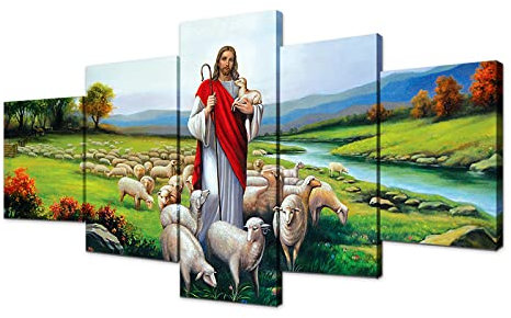 Onstthm YSWL-02 Leinwandbild, Jesus-Schäferhund, 5-teilig, Kunstwerk für Wohnzimmer, Heimdekoration, geeignet für Kirche, gerahmt, fertig zum Aufhängen (mit Rahmen, YSWL-02)