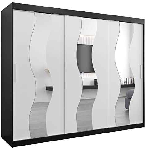 MEBLE KRYSPOL Sewilla 250 Schlafzimmerschrank mit DREI Schiebetüren, Spiegel, Kleiderstange und Regalen – 250x200x62cm - Mattschwarz + Mattweiß