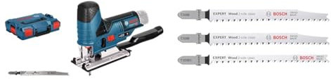 Bosch Professional Stichsäge GST 12V-70 (2x Sägeblatt, ohne Akkus Ladegerät, in L-BOXX) + 3x Stichsägeblatt Set Expert ‘Wood 2-Side Clean‘ (Sperrholz, Massivholz-Möbelplatte,117 mm)