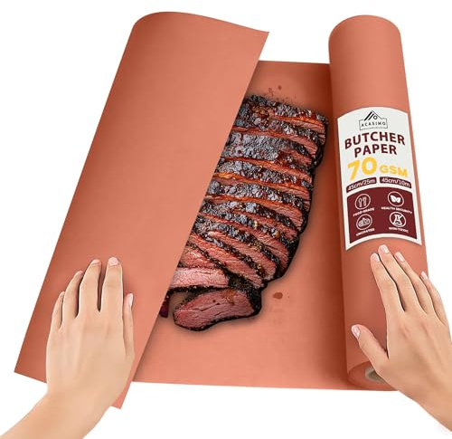 Acasimo Papier 53m de boucher rose Rouleau de papier kraft pour barbecue Largeur 45 cm Emballage de qualité alimentaire Parfait pour la poitrine fumée au barbecue (60cmx25m)