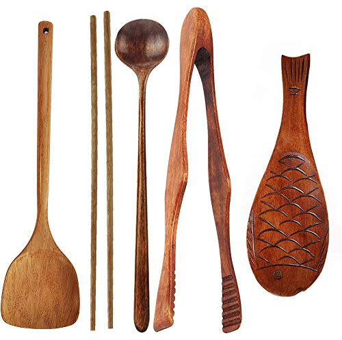 Hagsnec Wooden Utensils Kitchen Utensils Set with Wok Spatula Food Tongs Spoon Chopsticks Paddle