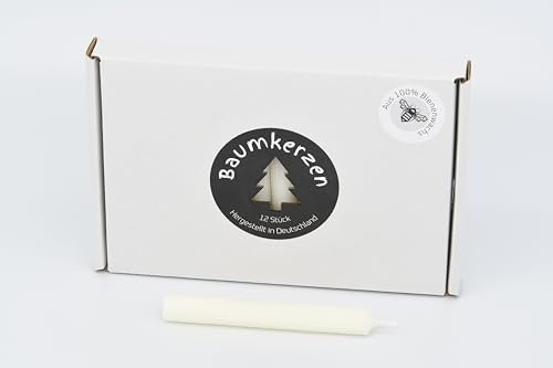 Premium Baumkerzen 12 Stück aus 100% Bienenwachs farbig mit Rillen Muster Prägung Christbaumkerzen (Weiß)