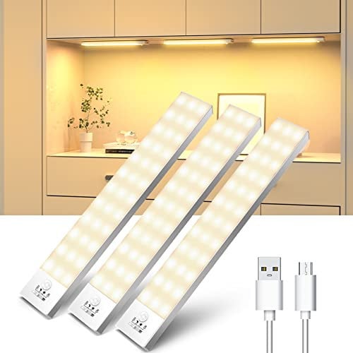 OUILA Nachtlicht Unterbauleuchte Küche LED 3Stück Warmweiß mit Bewegungsmelder Innen, Schrankbeleuchtung Küchenunterbauleuchte Lichtleiste mit Batterie USB für Kleiderschrank, Vitrine, Treppe, Kofferr