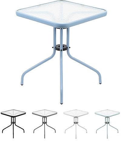 THE SECRET HOME - Mesa Cuadrada de Metal con Base de Cristal Texturizado - Alto 70 cm x Largo 60 cm x Ancho 60 cm - Color Azul Claro - Mesa para Jardín, Terraza, Patio o Balcón