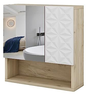Vicco Badspiegelschrank Edge, Weiß/Eiche, 54 x 55 cm mit Tür und offenen Fächern