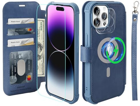 VANAVAGY Wallet Case Compatible for iPhone 15 Pro Max,Leather Flip Folio Wrist [Screen Camera Protector Included][Compatible for Magsafe and Wireless Charging] with RFID Block Credit Card Holder,Blue