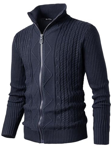 Harbrosrce Men's Cable Knit Cardigan Casual Stand Collar Sweaters Slim Fit Full Zip Jumper Knitwear Jacket for Winter Autumn Navy Blue