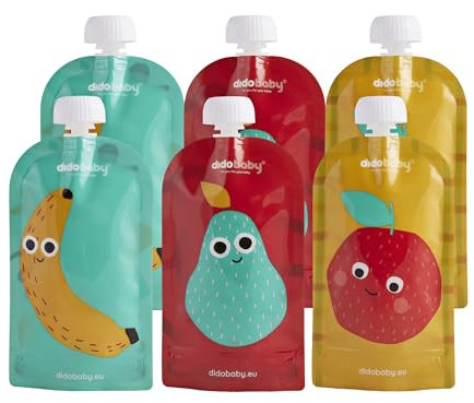 DIDOBABY (Pack 6) Gourdes Réutilisables Aliments Bébé- Gourdes de Fruits pour Bébé - Taille Idéale Débutants - Moins Gaspillage Alimentaire - Double Verrouillage Anti-Fuite