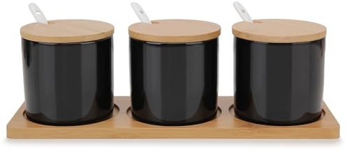 Chase Chic Set of 3 Condiment Jar Set, Ceramic Salt Sugar Spice Bowl Container with Bamboo Lid Spoon and Tray, Seasoning Storage Canister for Home Kitchen 690ml Black.