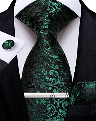 DiBanGu Seide Krawatten und Taschentuch-Set Grün Paisley Krawatte für Herren Manschettenknopf-Krawattenklammer für Hochzeit Formell