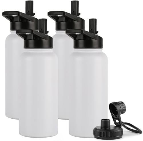 DOMICARE 32 oz Insulated Water Bottle Bulk, Vacuum Insulated Stainless Steel Sports Water Bottle with Straw Lid & Spout Lid, Leakproof, Reusable - Travel, Camping, Bike, White (4 Pack)