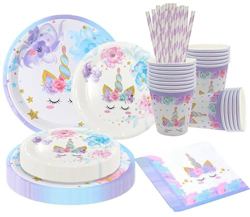 Juego de vajilla de fiesta de unicornio, 16 invitados, unicornio, decoración de cumpleaños, vajilla de papel, suministros de fiesta de unicornio, platos, vasos, vajilla para niñas, cumpleaños