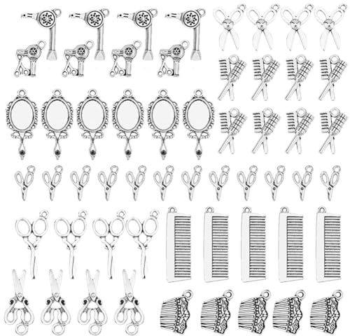 DICOSMETIC 100 ciondoli da parrucchiere, 10 stili, in lega tibetana, in argento antico, a pettine a forbice, per la creazione di gioielli fai da te, foro: 1,2 – 2 mm, Metallo
