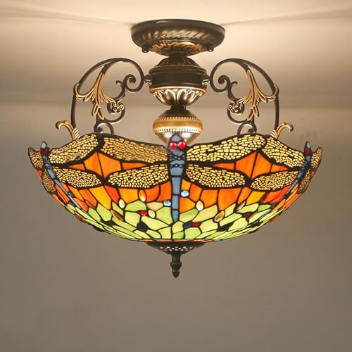 Yjmgrowing Libellen-Deckenleuchten im Tiffany-Stil 16-Zoll-Deckenleuchte aus Buntglas Mediterrane Retro-Deckenleuchte für Schlafzimmer, Wohnzimmer, Flur, Foyer