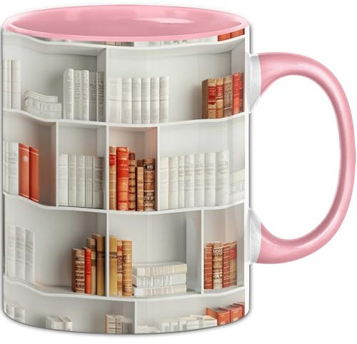 Trendation - 3D Tasse Bücherregal Bücherei Geschenkidee Geschenk Allover-Print Kaffee-Becher Geschenkidee Lesen Leseratte (Rosa)