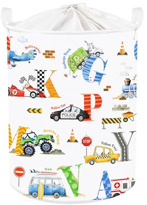 Clastyle 45L Buchstabe Baufahrzeug Bagger Junge Wäschekorb Bunt Rund Spielzeug Kleidung Aufbewahrungskorb für Kinderzimmer, 36x45 cm