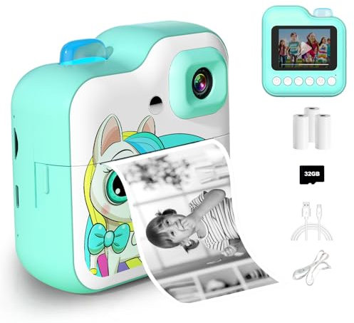 Cámara de Fotos instantánea para niños- 2,4 ’‘ HD 1080P Cámara Fotos Infantil con Papel de Impresión y Tarjeta SD de 32G, Selfie Video Cámara Instantánea para Niños,Regalo Juguete