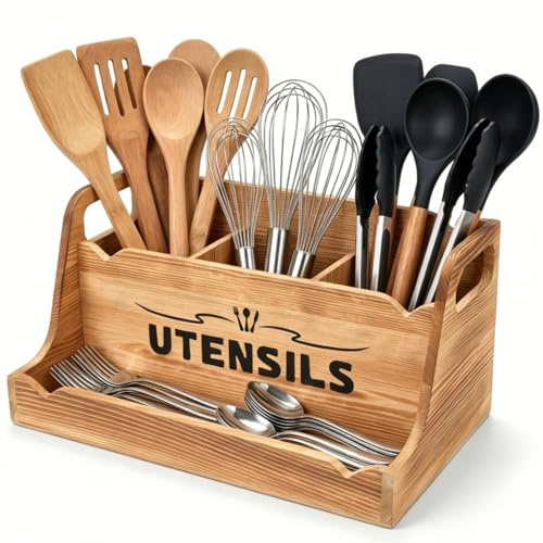 Noamus 15 Kitchen Utensil Holder with Spice Bottles Tray, Extra Large Wood Countertop Utensil Organizer with Handles, 4 Compartment Cooking Tool Storage Caddy for Home Decor Gift