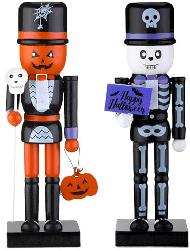 RattanView Halloween-Nussknacker, Party, Holz, Skelett, Kürbis, Hexe, schwarze Katze, Nussknacker-Figuren, Dekoration für Festtage, Tische, Schreibtisch, Kamin (25,4 cm, Skelett-Kürbis)