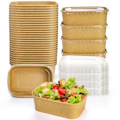 Yesland 50 Pack Compostable Take Out Food Containers with PP Lid, 25 Oz /740ml to Go Containers Rectangular Disposable Kraft Paper Bowls, Meal Prep Food Containers for Salad, Leftovers, Soup, Snack