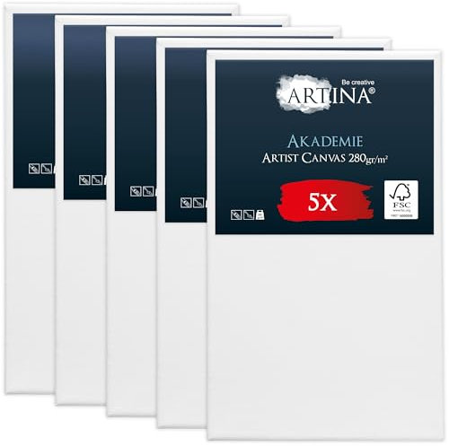 Artina Set de 5 Canvas Toile Peinture Grand Format 60x100 cm – Tableau Peinture Châssis Entoilés en Bois FSC© – Tableau Toile a Peindre Blanche 100% Coton 280g/m² – Toiles à Peindre Stable Akademie