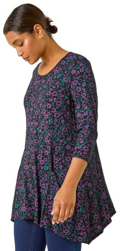 Roman Originals Swing Top with Pockets for Women UK Ladies Hanky Hem Asymmetric Tunic Blouse Longline Long Stretch Jersey Casual Round NeckTee Shirt T-Shirt Purple Green