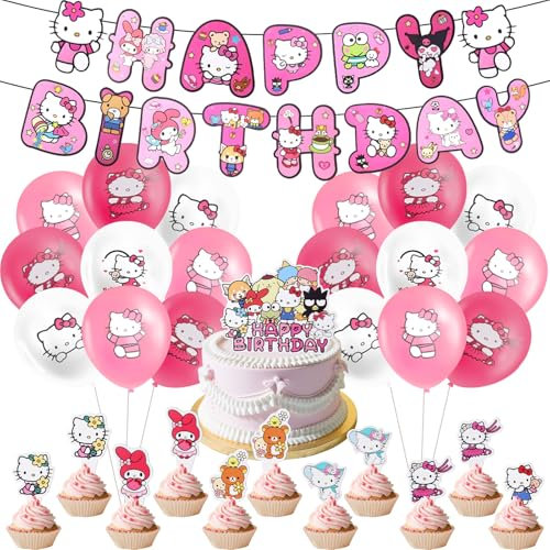 35PCS Kitty Geburtstags Deko Luftballons Cartoon Set, Kindergeburtstag Dekoration Luftballons Set mit Happy Birthday Banner Cake Topper, Geburtstags Party Dekorationen für Kinder Mädchen