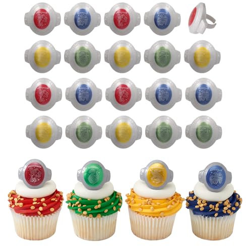 DecoPac Harry Potter™ Ringe, 24 Hogwarts™-Häuser-Cupcake-Dekorationen mit Gryffindor, Slytherin, Ravenclaw und Hufflepuff, Kuchendekoration für Geburtstag, Party, Feiern, 24 Stück