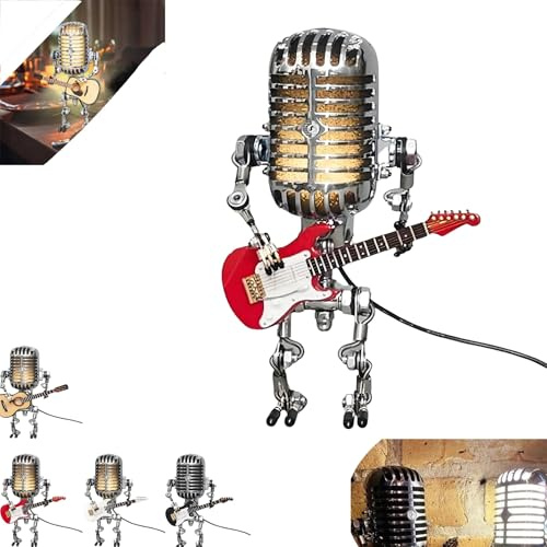 LOUPKC Vueeze Mic Rockbot, Sherum Mic Rockbot, Dotmalls Mikrofon-Roboter-Schreibtischlampe, Vintage-Mikrofon-Gitarrenlampe, coole Gitarrengeschenke for Musikliebhaber und Gitarrenspieler als Schreibti
