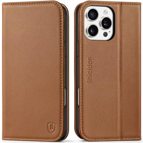 SHIELDON Echtleder Hülle für iPhone 16 Pro Max 6,9 5G 2024, Sattelbraun | Echtleder Case, RFID-Blocker, Kartenschlitz, Magnetverschluss, Stoßfest, Standfunktion, Cover Etui, TPU Klapphülle