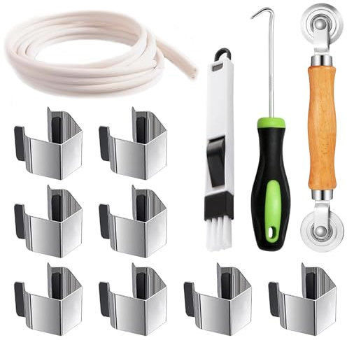 5 en 1 Kit Mosquitera de Ventanas para Rodillo Herramienta, Rodillo de Herramientas de Tambor Giratorio, Cuerda de Goma y Gancho de Tracción para Montar Mosquiteras (10 metros Tira adhesiva)