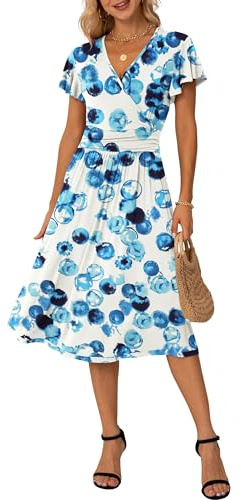 GRECERELLE Robe portefeuille d’été décontractée pour femme, à manches courtes volantées, décolleté en V, motif floral, pour la plage, L